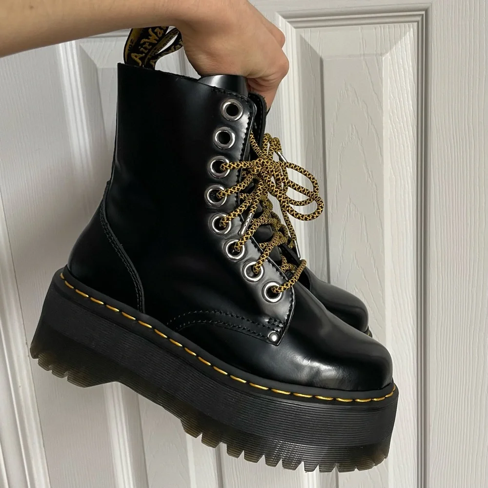 Dr. Martens Black Leather Platform Combat Boots with Yellow Accents - Picture 13 of 13